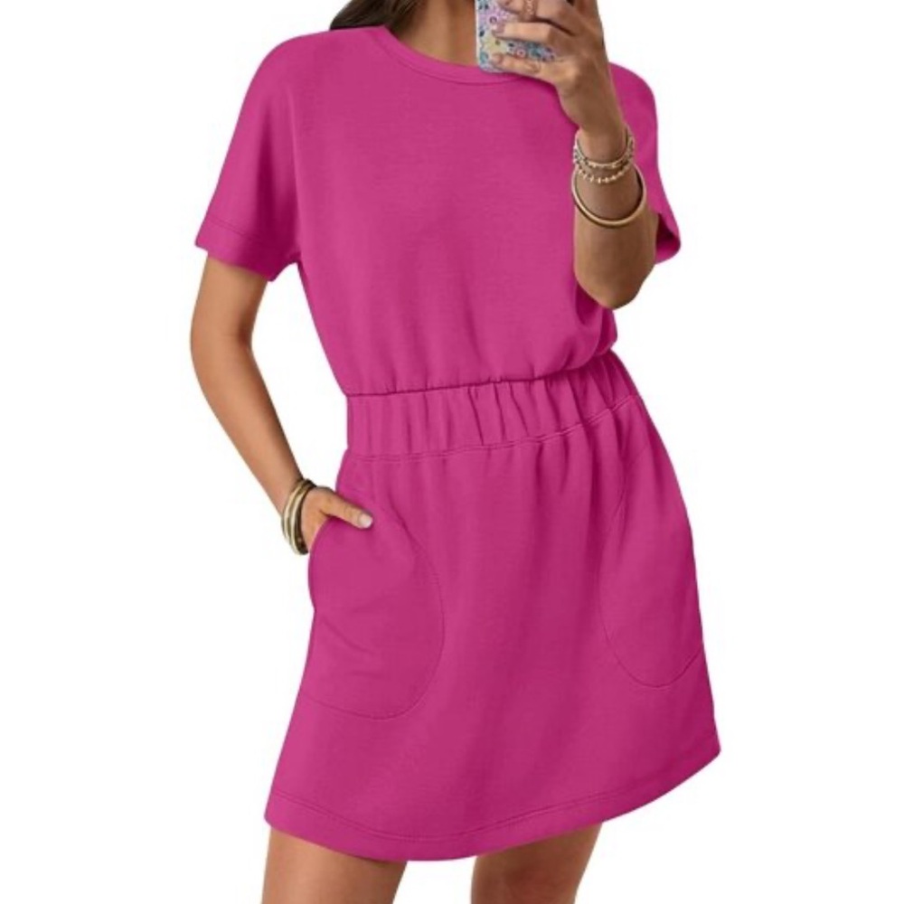 Boutique M NEW Vibrant Pink Short Sleeve Mini Dress Pockets
